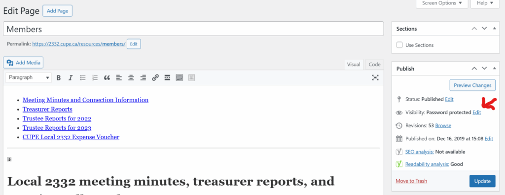 Screenshot of selecting the visibility options in the editor